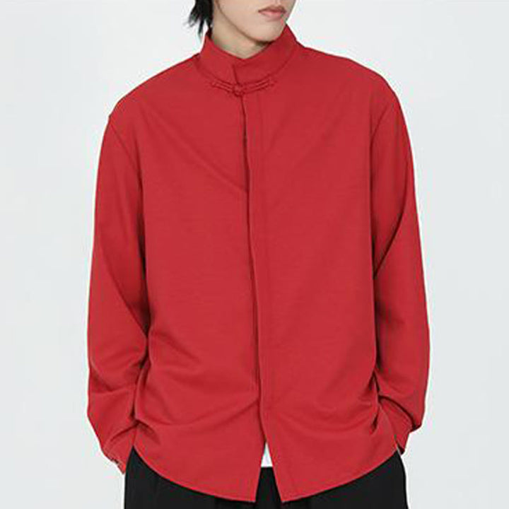 Buddha Stones einfarbiges Langarm-Baumwollhemd mit einem Froschknopfverschluss für Herren - image 14