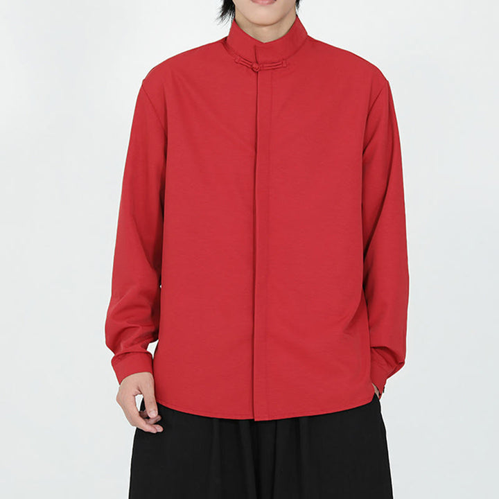 Buddha Stones einfarbiges Langarm-Baumwollhemd mit einem Froschknopfverschluss für Herren - image 11