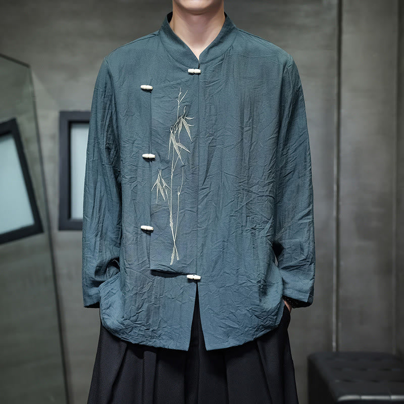 Buddha Stones Herbst Einfarbiges Herren Langarmhemd aus Baumwoll-Leinen-Mischgewebe mit Bambusblattstickerei - Türkis - US/ UK/AU46, EU56 (5XL) - image 21