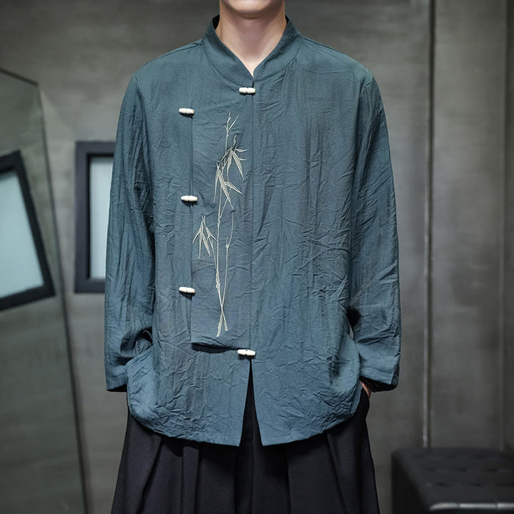 Buddha Stones Herbst Einfarbiges Herren Langarmhemd aus Baumwoll-Leinen-Mischgewebe mit Bambusblattstickerei - Türkis - US/ UK/AU46, EU56 (5XL) - image 21