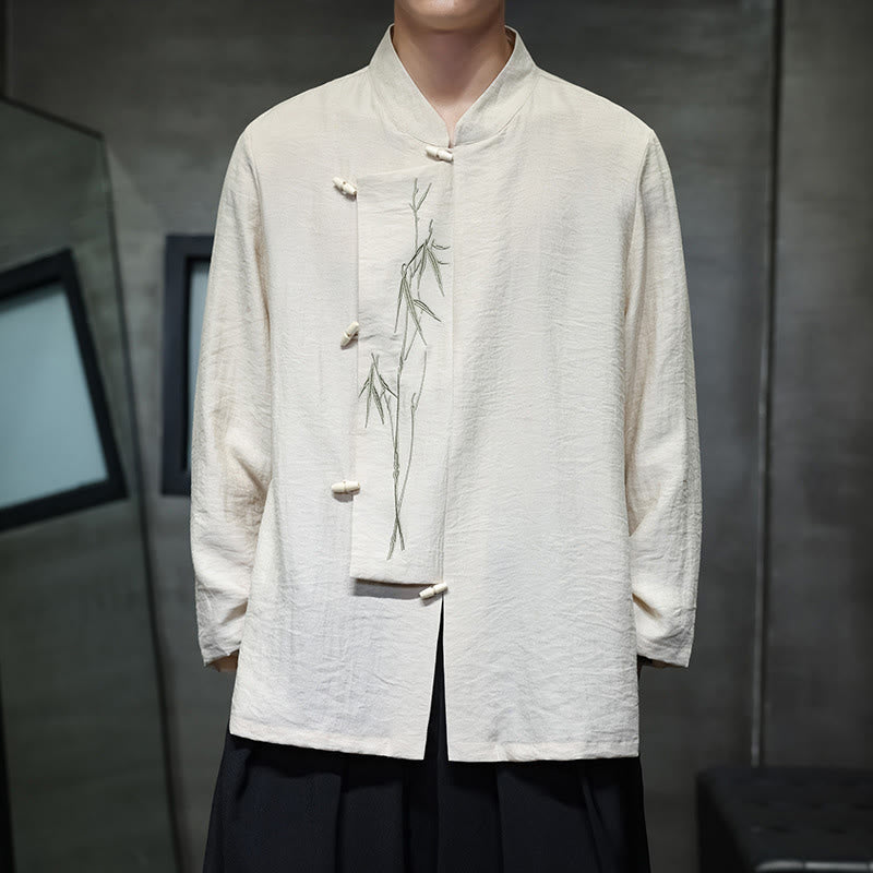 Buddha Stones Herbst Einfarbiges Herren Langarmhemd aus Baumwoll-Leinen-Mischgewebe mit Bambusblattstickerei - Beige - US/ UK/AU46, EU56 (5XL) - image 7
