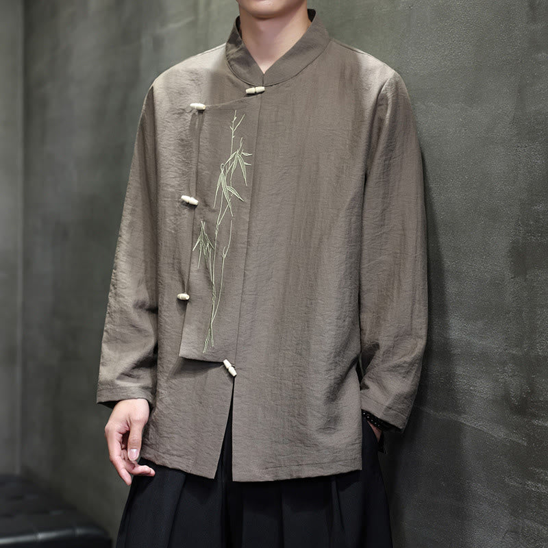 Buddha Stones Herbst Einfarbiges Herren Langarmhemd aus Baumwoll-Leinen-Mischgewebe mit Bambusblattstickerei - image 1