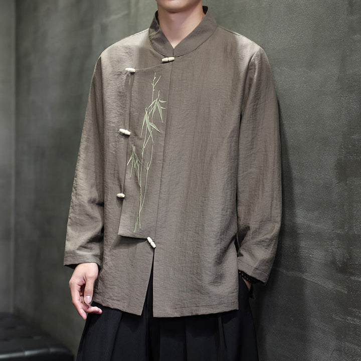 Buddha Stones Herbst Einfarbiges Herren Langarmhemd aus Baumwoll-Leinen-Mischgewebe mit Bambusblattstickerei - image 1