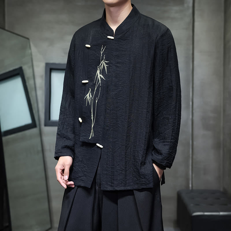 Buddha Stones Herbst Einfarbiges Herren Langarmhemd aus Baumwoll-Leinen-Mischgewebe mit Bambusblattstickerei - Schwarz - US/ UK/AU46, EU56 (5XL) - image 16