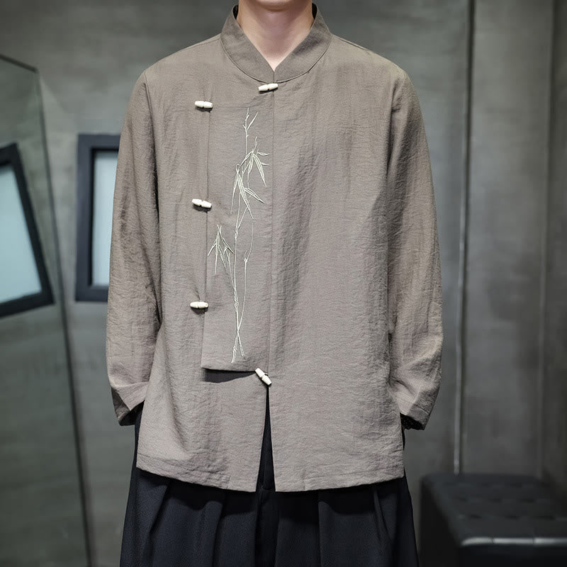 Buddha Stones Herbst Einfarbiges Herren Langarmhemd aus Baumwoll-Leinen-Mischgewebe mit Bambusblattstickerei - Bräunen - US/ UK/AU46, EU56 (5XL) - image 0