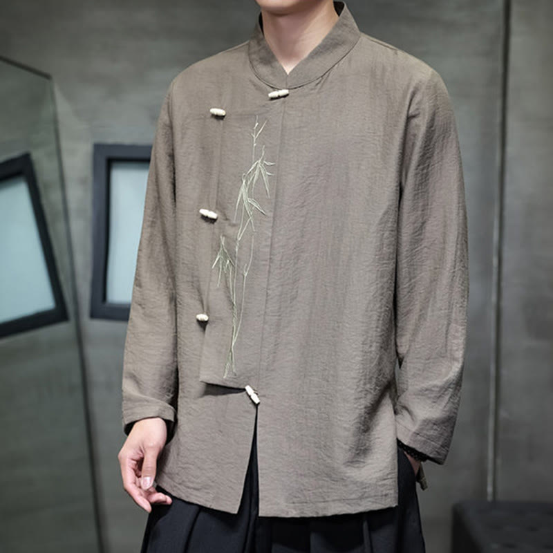 Buddha Stones Herbst Einfarbiges Herren Langarmhemd aus Baumwoll-Leinen-Mischgewebe mit Bambusblattstickerei - image 4