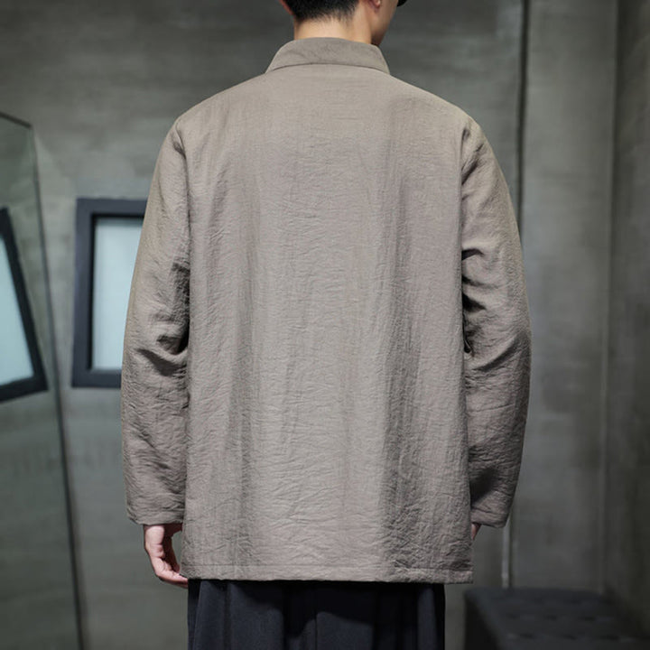 Buddha Stones Herbst Einfarbiges Herren Langarmhemd aus Baumwoll-Leinen-Mischgewebe mit Bambusblattstickerei - image 3