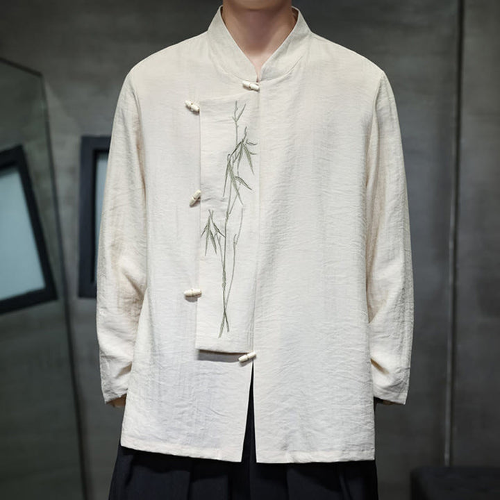 Buddha Stones Herbst Einfarbiges Herren Langarmhemd aus Baumwoll-Leinen-Mischgewebe mit Bambusblattstickerei - image 10