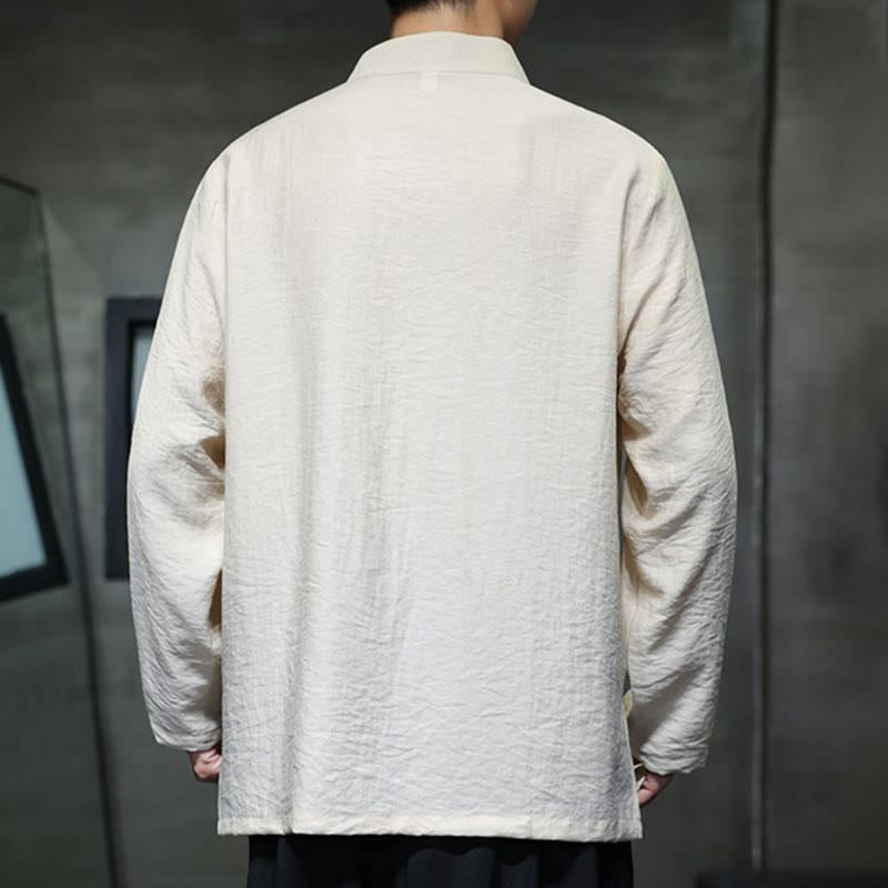 Buddha Stones Herbst Einfarbiges Herren Langarmhemd aus Baumwoll-Leinen-Mischgewebe mit Bambusblattstickerei - image 9
