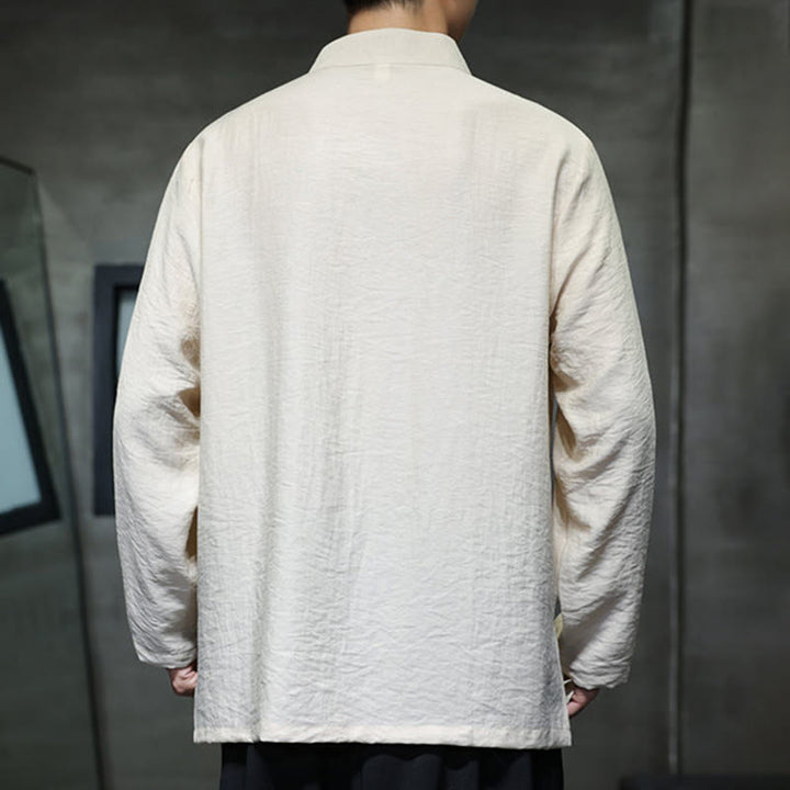 Buddha Stones Herbst Einfarbiges Herren Langarmhemd aus Baumwoll-Leinen-Mischgewebe mit Bambusblattstickerei - image 9