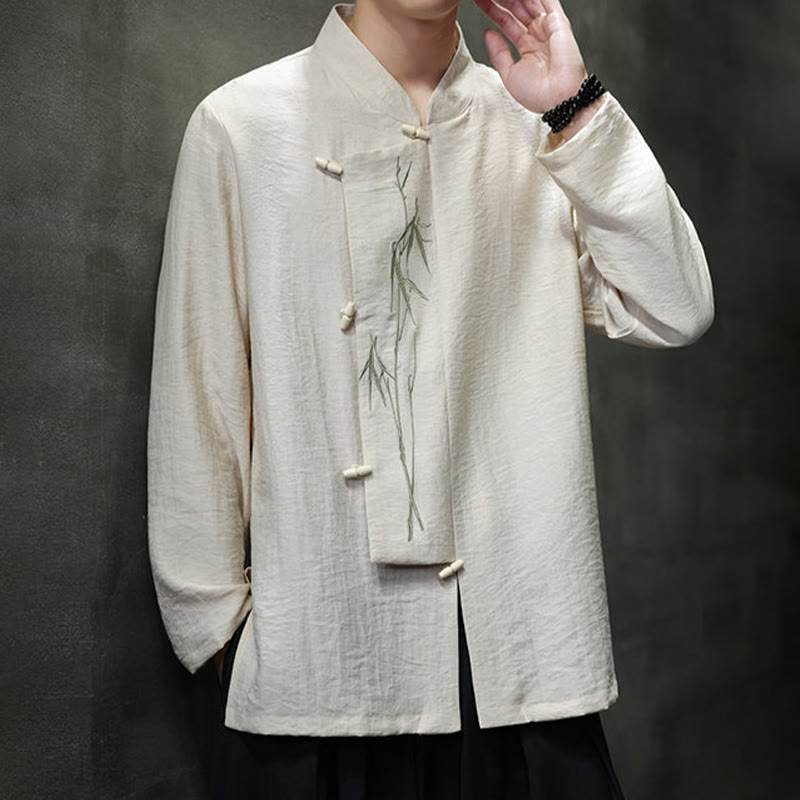 Buddha Stones Herbst Einfarbiges Herren Langarmhemd aus Baumwoll-Leinen-Mischgewebe mit Bambusblattstickerei - image 11