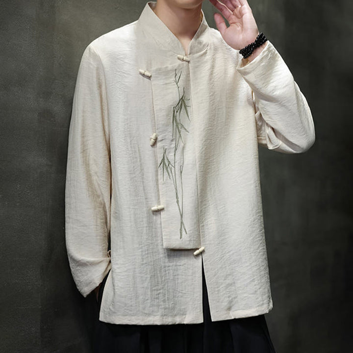 Buddha Stones Herbst Einfarbiges Herren Langarmhemd aus Baumwoll-Leinen-Mischgewebe mit Bambusblattstickerei - image 11