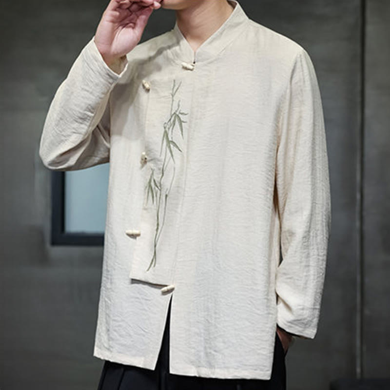 Buddha Stones Herbst Einfarbiges Herren Langarmhemd aus Baumwoll-Leinen-Mischgewebe mit Bambusblattstickerei - image 8