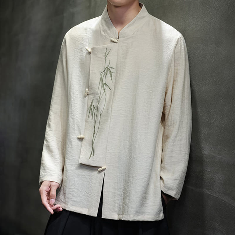 Buddha Stones Herbst Einfarbiges Herren Langarmhemd aus Baumwoll-Leinen-Mischgewebe mit Bambusblattstickerei - image 14