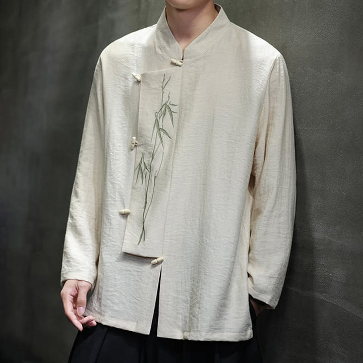 Buddha Stones Herbst Einfarbiges Herren Langarmhemd aus Baumwoll-Leinen-Mischgewebe mit Bambusblattstickerei - image 14