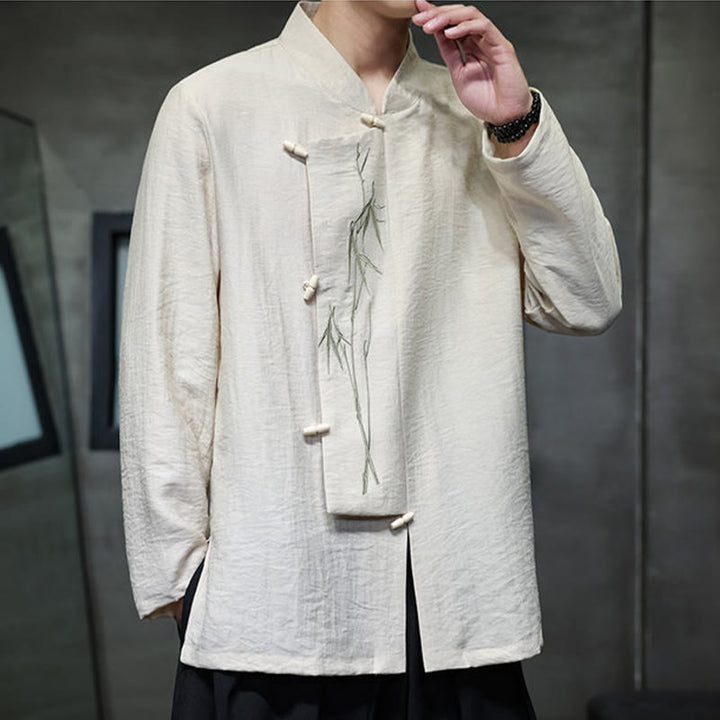 Buddha Stones Herbst Einfarbiges Herren Langarmhemd aus Baumwoll-Leinen-Mischgewebe mit Bambusblattstickerei - image 13