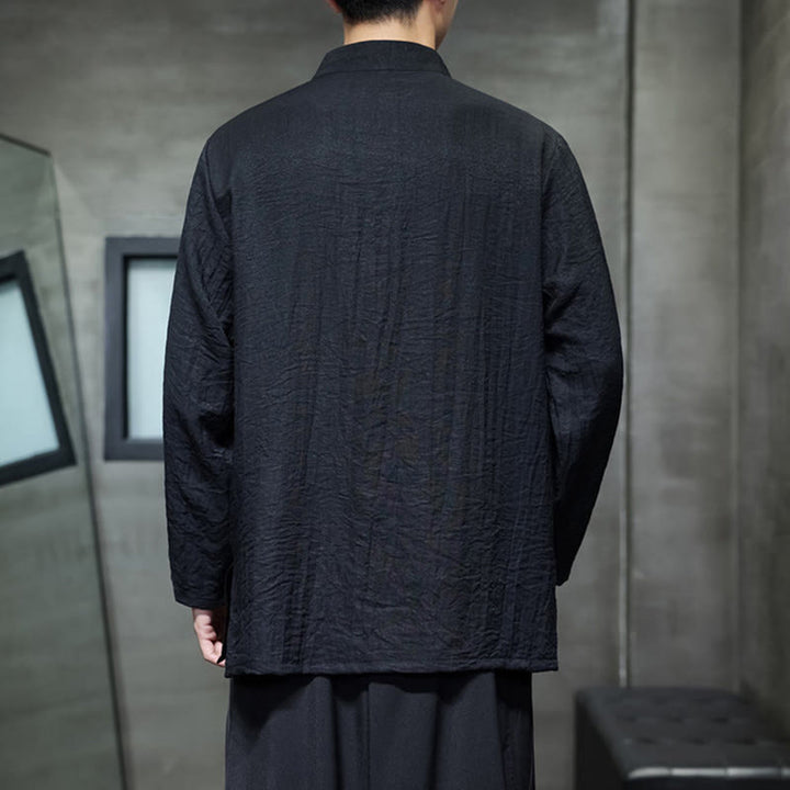 Buddha Stones Herbst Einfarbiges Herren Langarmhemd aus Baumwoll-Leinen-Mischgewebe mit Bambusblattstickerei - image 19