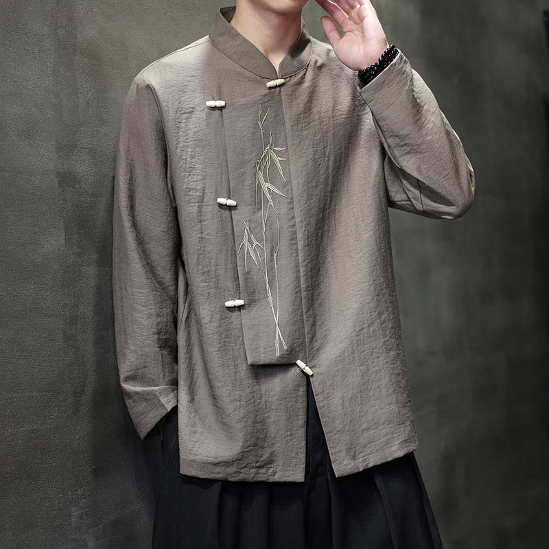 Buddha Stones Herbst Einfarbiges Herren Langarmhemd aus Baumwoll-Leinen-Mischgewebe mit Bambusblattstickerei - image 6