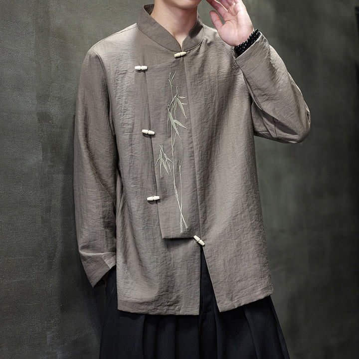 Buddha Stones Herbst Einfarbiges Herren Langarmhemd aus Baumwoll-Leinen-Mischgewebe mit Bambusblattstickerei - image 6