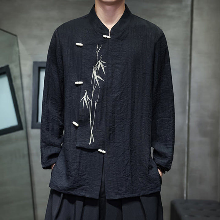 Buddha Stones Herbst Einfarbiges Herren Langarmhemd aus Baumwoll-Leinen-Mischgewebe mit Bambusblattstickerei - image 17