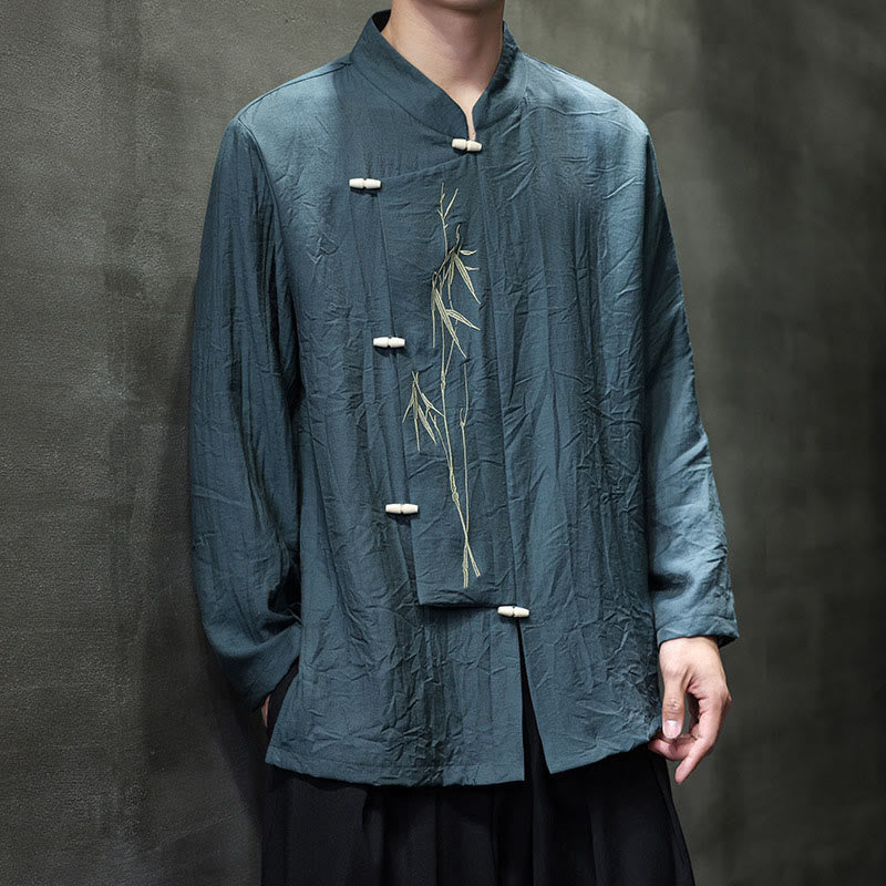 Buddha Stones Herbst Einfarbiges Herren Langarmhemd aus Baumwoll-Leinen-Mischgewebe mit Bambusblattstickerei - image 23