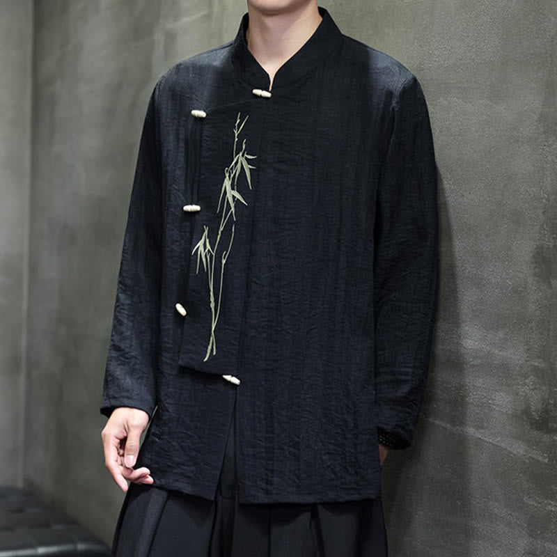 Buddha Stones Herbst Einfarbiges Herren Langarmhemd aus Baumwoll-Leinen-Mischgewebe mit Bambusblattstickerei - image 20