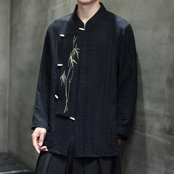 Buddha Stones Herbst Einfarbiges Herren Langarmhemd aus Baumwoll-Leinen-Mischgewebe mit Bambusblattstickerei - image 20