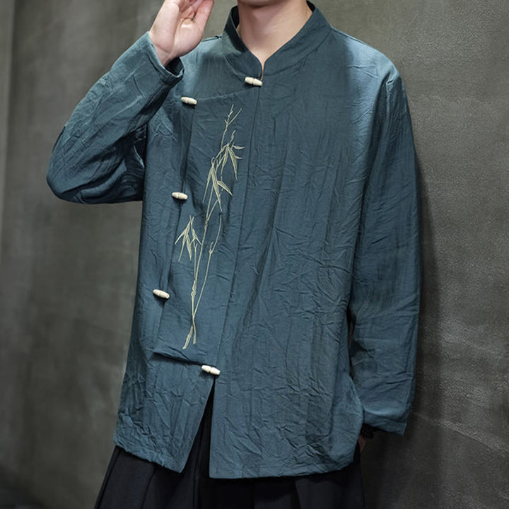 Buddha Stones Herbst Einfarbiges Herren Langarmhemd aus Baumwoll-Leinen-Mischgewebe mit Bambusblattstickerei - image 26