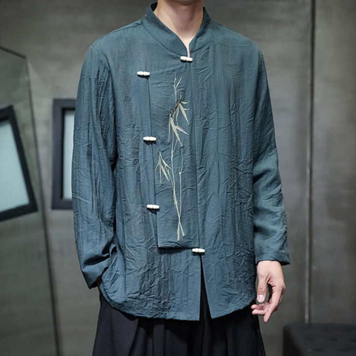 Buddha Stones Herbst Einfarbiges Herren Langarmhemd aus Baumwoll-Leinen-Mischgewebe mit Bambusblattstickerei - image 27
