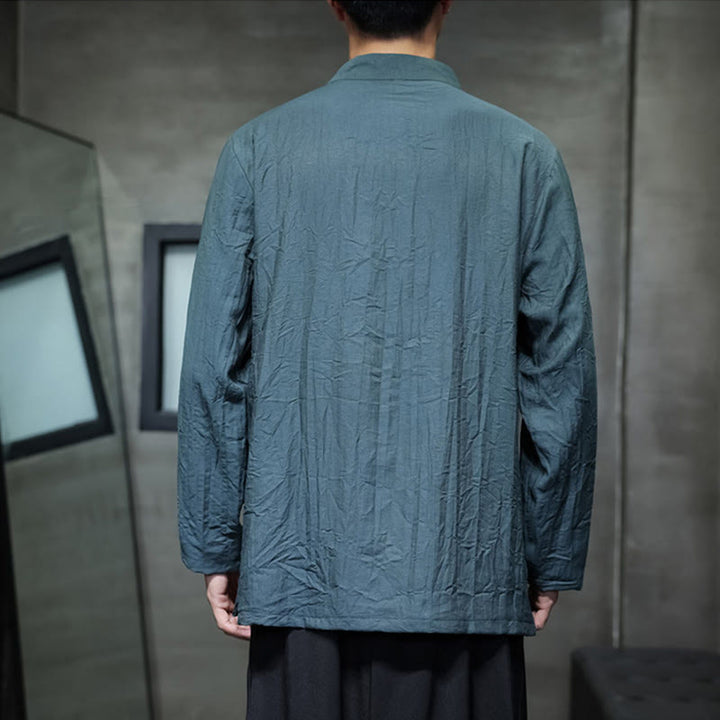 Buddha Stones Herbst Einfarbiges Herren Langarmhemd aus Baumwoll-Leinen-Mischgewebe mit Bambusblattstickerei - image 24