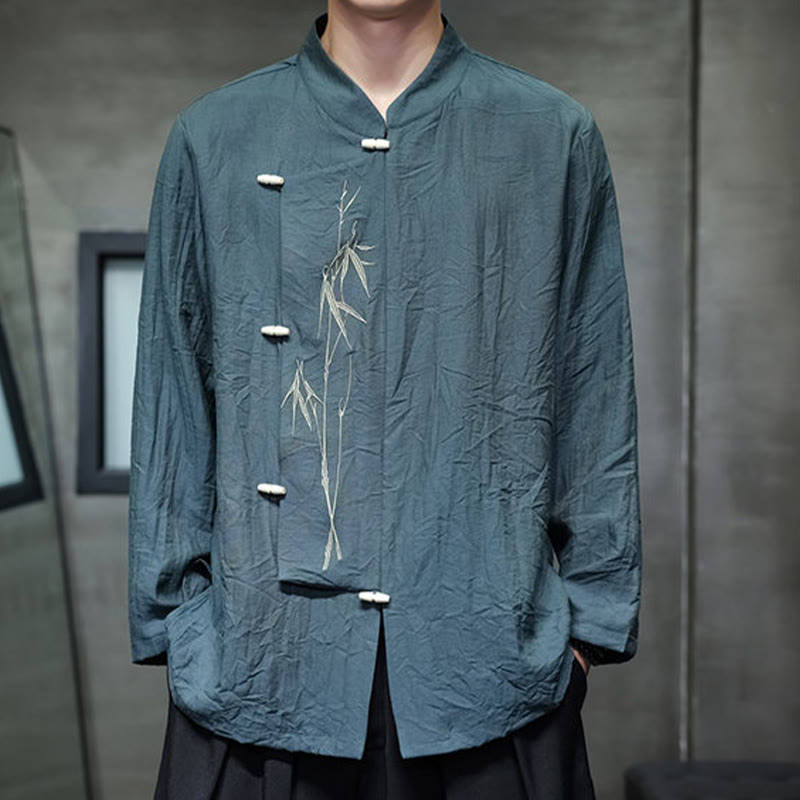 Buddha Stones Herbst Einfarbiges Herren Langarmhemd aus Baumwoll-Leinen-Mischgewebe mit Bambusblattstickerei - image 22