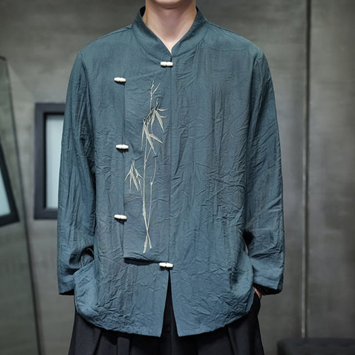 Buddha Stones Herbst Einfarbiges Herren Langarmhemd aus Baumwoll-Leinen-Mischgewebe mit Bambusblattstickerei - image 22