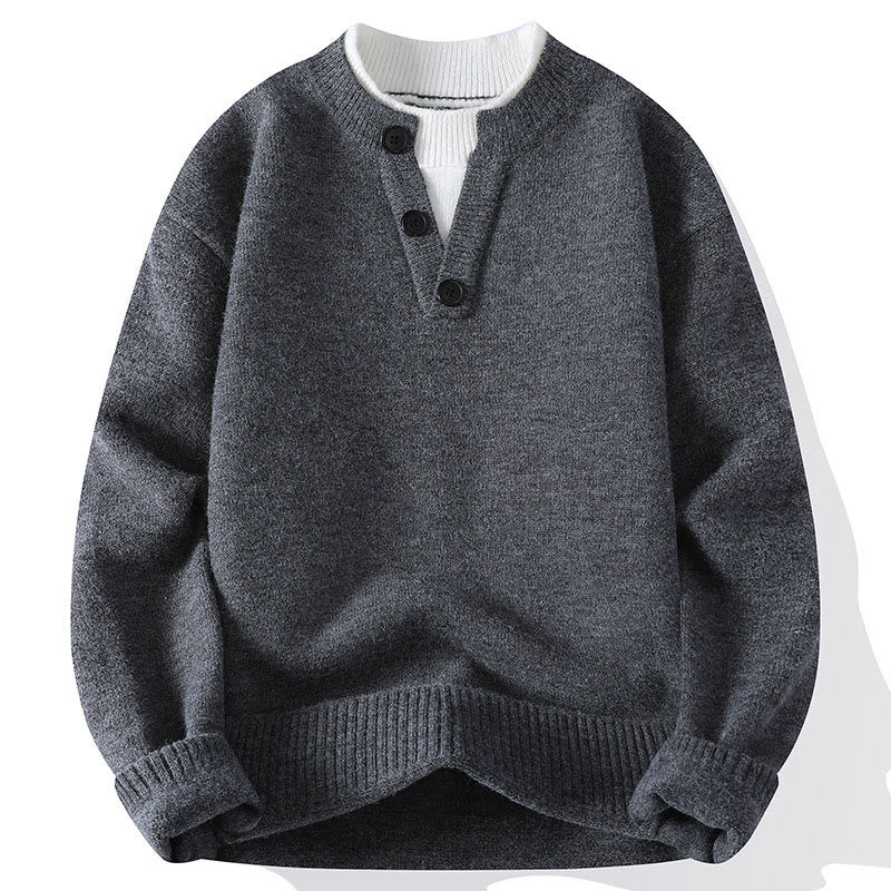 Winterpullover mit Buddha Stones, Knöpfen und Rundhalsausschnitt, warmer Herren-Langarmstrickpullover - Grau - US/ UK/AU44, EU54 (4XL) - image 0