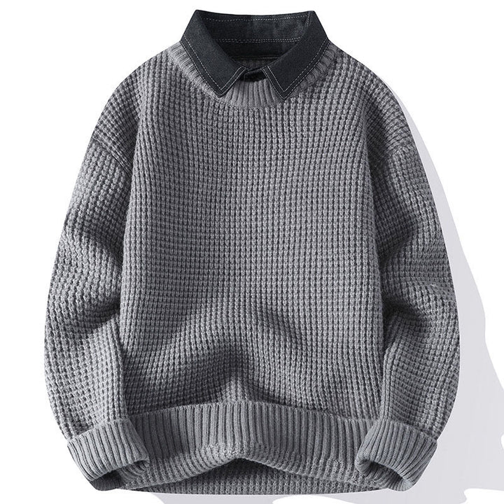 Buddha Stones Winter Schwarzer Stehkragen Waffelmuster Warmer Herren Langarm Strickpullover - Hellgrau - US/ UK/AU44, EU54 (4XL) - image 0
