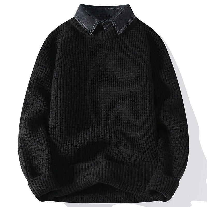 Buddha Stones Winter Schwarzer Stehkragen Waffelmuster Warmer Herren Langarm Strickpullover - Schwarz - US/ UK/AU44, EU54 (4XL) - image 2