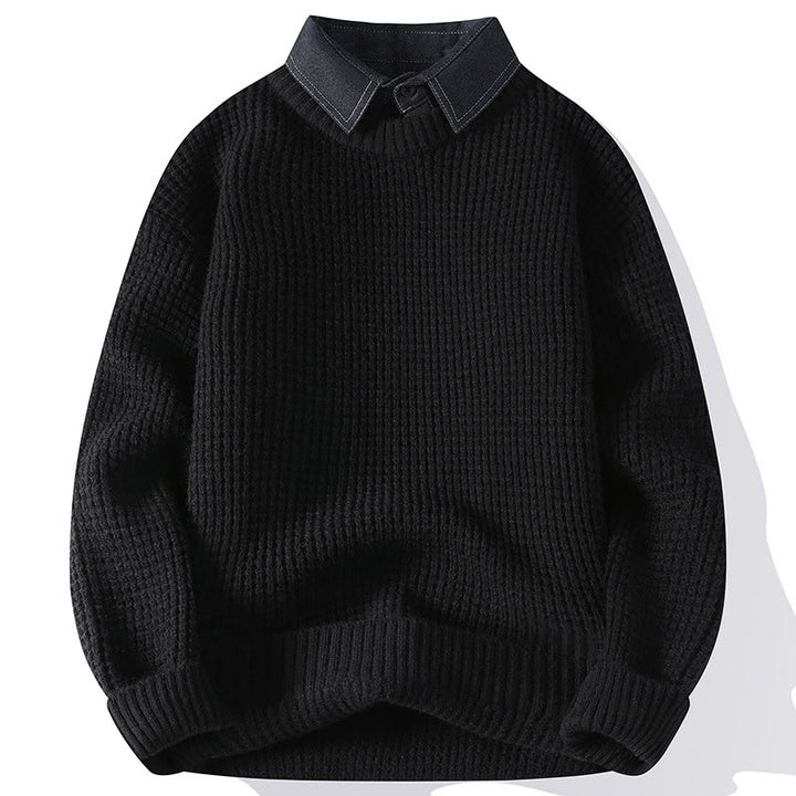 Buddha Stones Winter Schwarzer Stehkragen Waffelmuster Warmer Herren Langarm Strickpullover - Schwarz - US/ UK/AU44, EU54 (4XL) - image 2