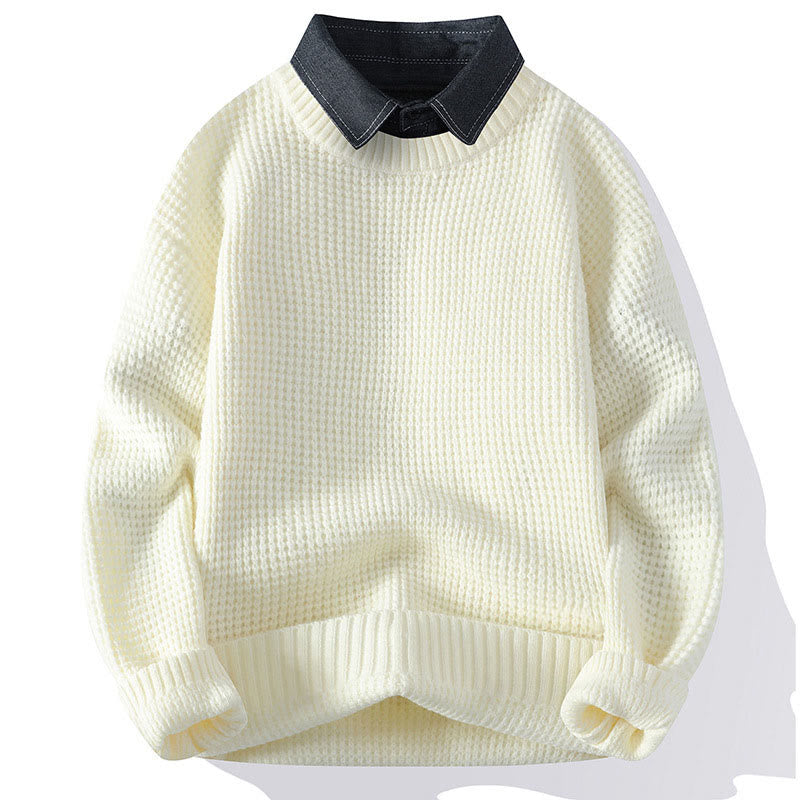 Buddha Stones Winter Schwarzer Stehkragen Waffelmuster Warmer Herren Langarm Strickpullover - Weiß - US/ UK/AU44, EU54 (4XL) - image 11