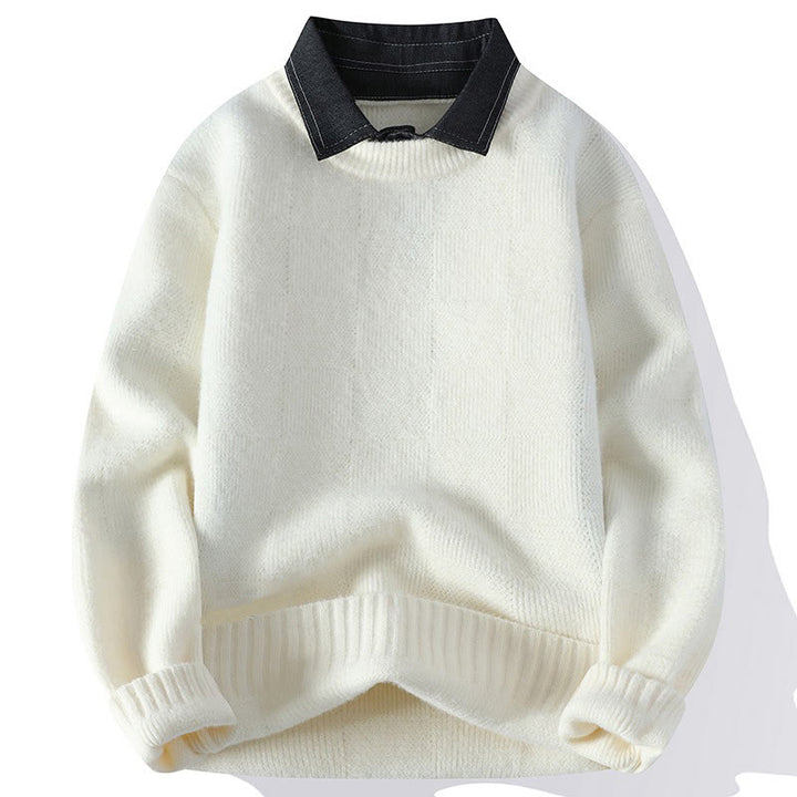 Buddha Stones Winter Schwarzer Stehkragen Karomuster Warmer Herren Langarm Strickpullover - Weiß - US/ UK/AU44, EU54 (4XL) - image 4