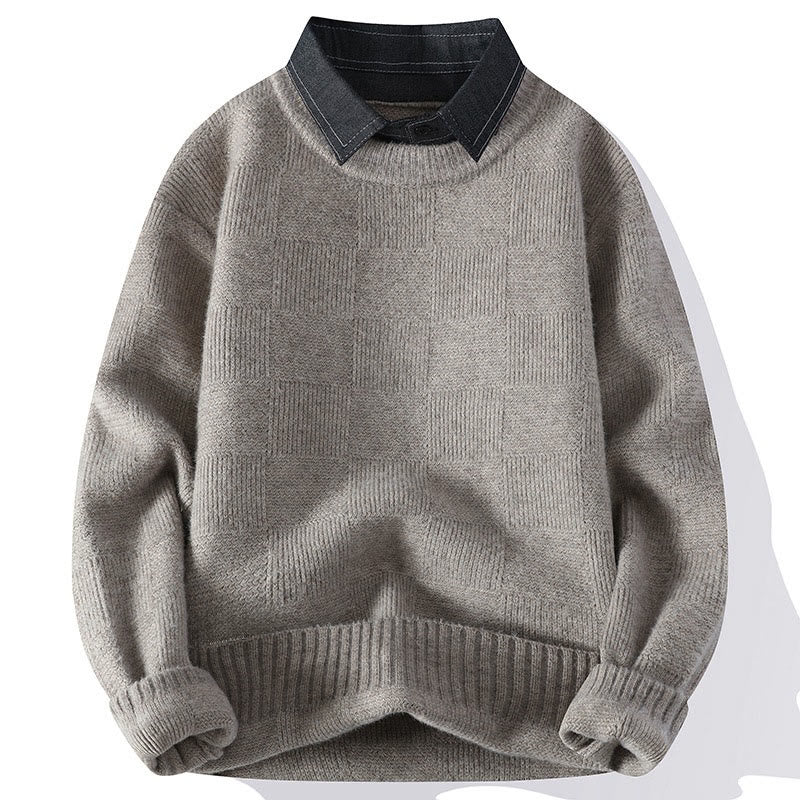 Buddha Stones Winter Schwarzer Stehkragen Karomuster Warmer Herren Langarm Strickpullover - Leinen - US/ UK/AU44, EU54 (4XL) - image 0