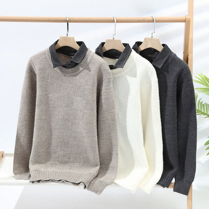 Buddha Stones Winter Schwarzer Stehkragen Karomuster Warmer Herren Langarm Strickpullover - image 6