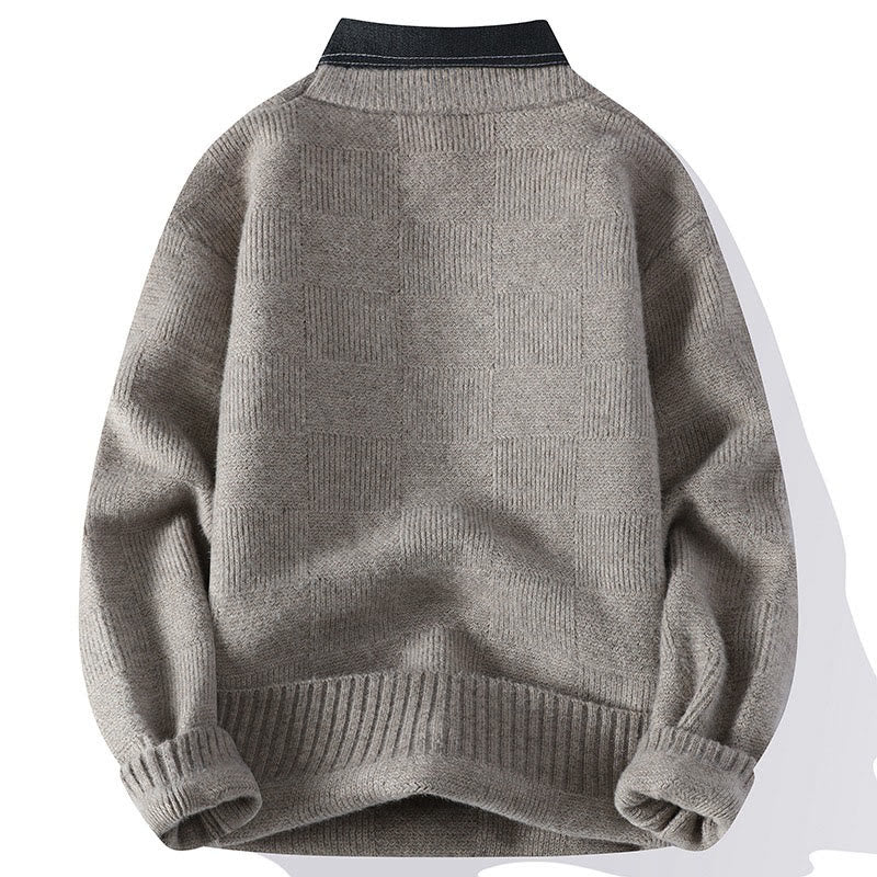 Buddha Stones Winter Schwarzer Stehkragen Karomuster Warmer Herren Langarm Strickpullover - image 1