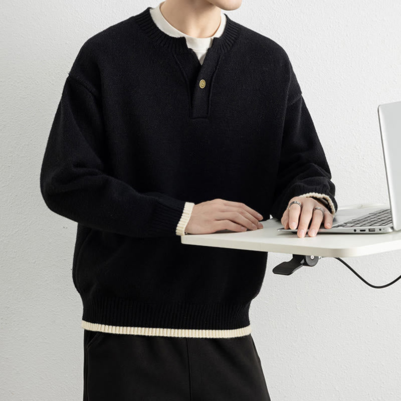 Buddha Stones ​​Winterpullover mit V-Ausschnitt, Ein-Knopf-Design, warmer Herren-Langarmstrickpullover - image 14