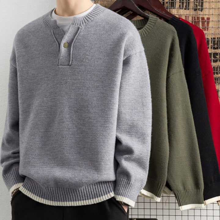 Buddha Stones ​​Winterpullover mit V-Ausschnitt, Ein-Knopf-Design, warmer Herren-Langarmstrickpullover - image 6