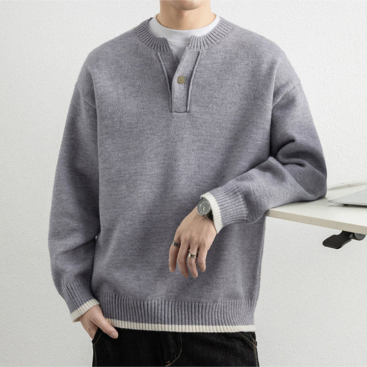 Buddha Stones ​​Winterpullover mit V-Ausschnitt, Ein-Knopf-Design, warmer Herren-Langarmstrickpullover - image 2