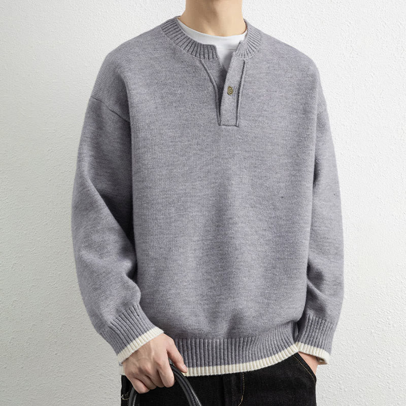Buddha Stones ​​Winterpullover mit V-Ausschnitt, Ein-Knopf-Design, warmer Herren-Langarmstrickpullover - Hellgrau - US/ UK/AU44, EU54 (4XL) - image 0