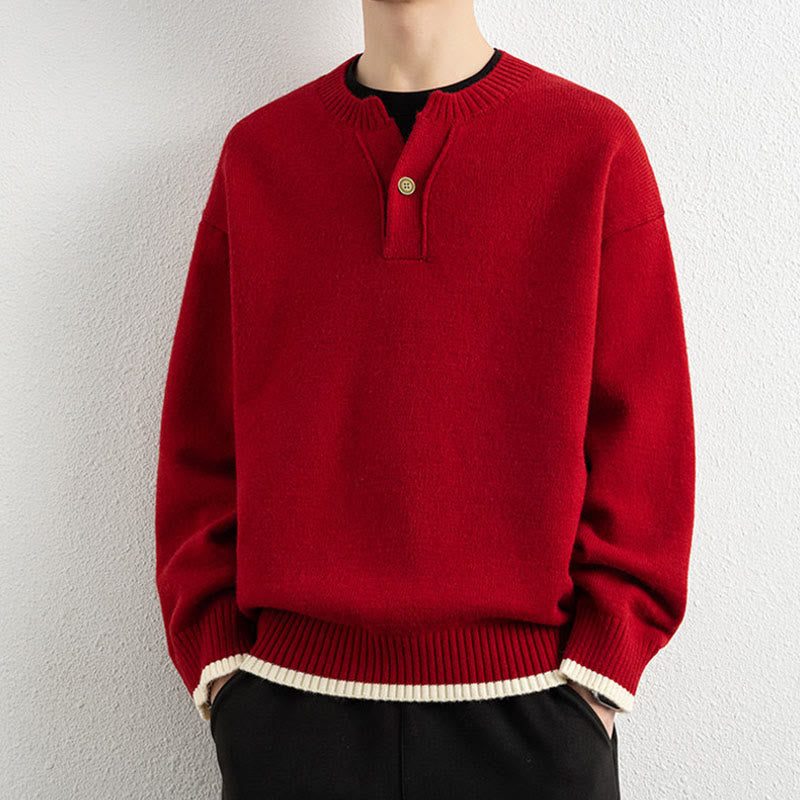Buddha Stones ​​Winterpullover mit V-Ausschnitt, Ein-Knopf-Design, warmer Herren-Langarmstrickpullover - Rot - US/ UK/AU44, EU54 (4XL) - image 15