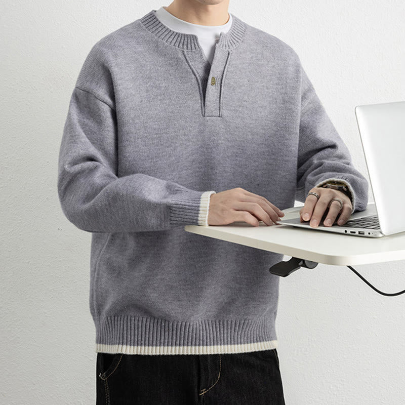 Buddha Stones ​​Winterpullover mit V-Ausschnitt, Ein-Knopf-Design, warmer Herren-Langarmstrickpullover - image 5