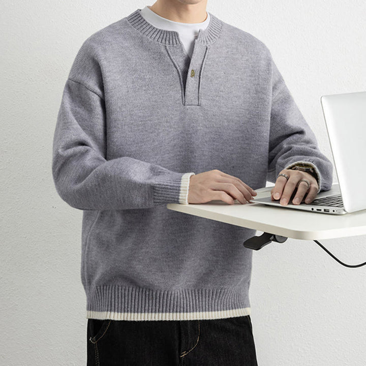 Buddha Stones ​​Winterpullover mit V-Ausschnitt, Ein-Knopf-Design, warmer Herren-Langarmstrickpullover - image 5