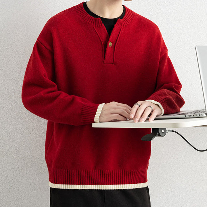 Buddha Stones ​​Winterpullover mit V-Ausschnitt, Ein-Knopf-Design, warmer Herren-Langarmstrickpullover - image 22