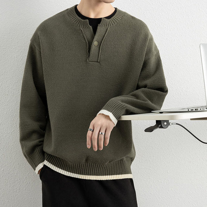 Buddha Stones ​​Winterpullover mit V-Ausschnitt, Ein-Knopf-Design, warmer Herren-Langarmstrickpullover - image 30